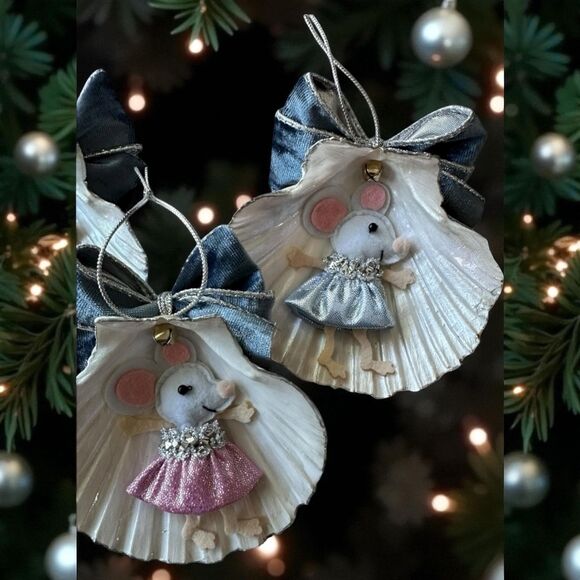 Ballerina Mouse Seashell Ornaments, Coastal Christmas Decor, Set of 3 - Picture 2 of 4